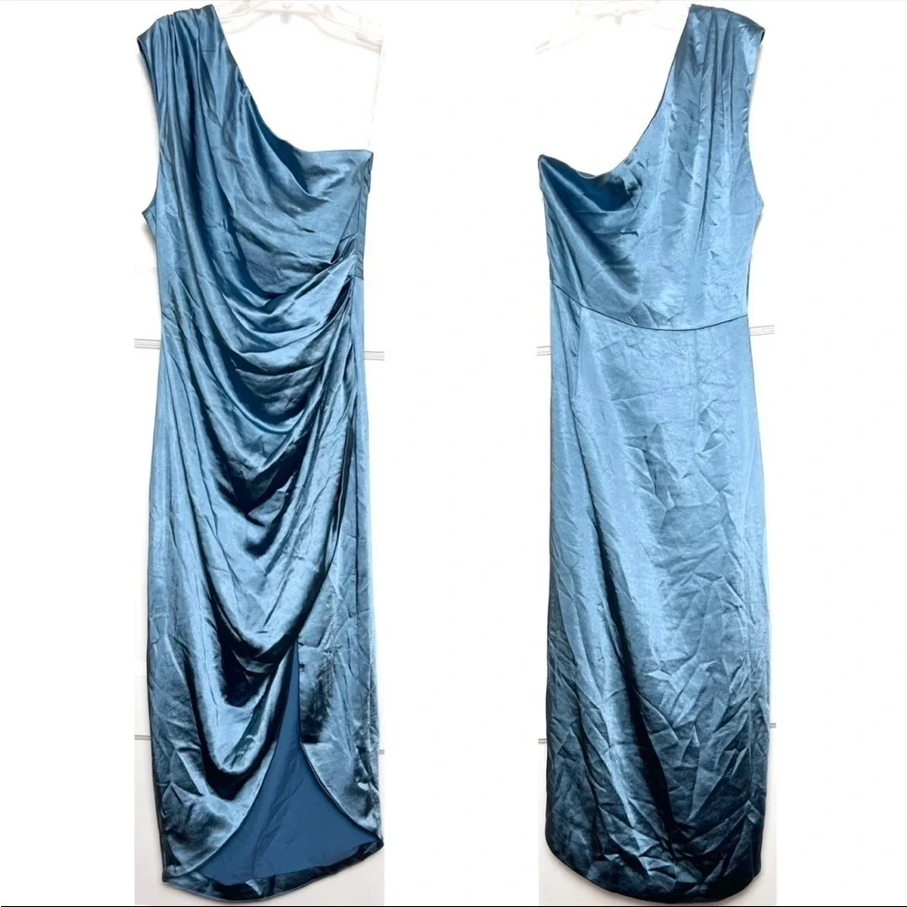 NWT ELLIATT 90s Ruched Satin Sleeveless 1 Shoulder Tulip Wrap Hem Midi Dress‎ XS